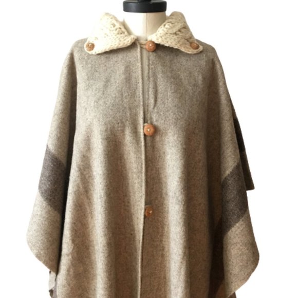 NEW Vintage Wool Blanket Cape Cable Knit Collar Handmade Fringed Long Americana - Picture 11 of 16